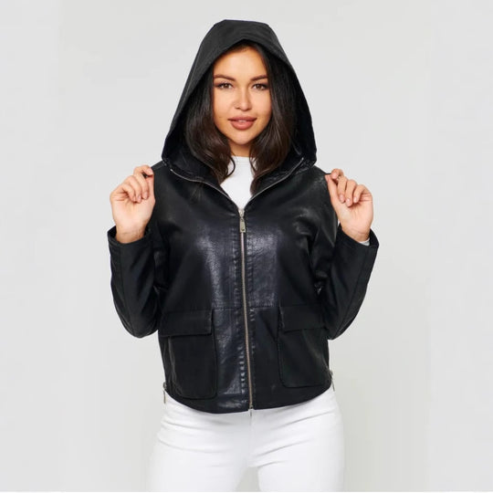 Damen Kunstlederjacke mit angeschnittenem Hoodie und praktischen Taschen EB