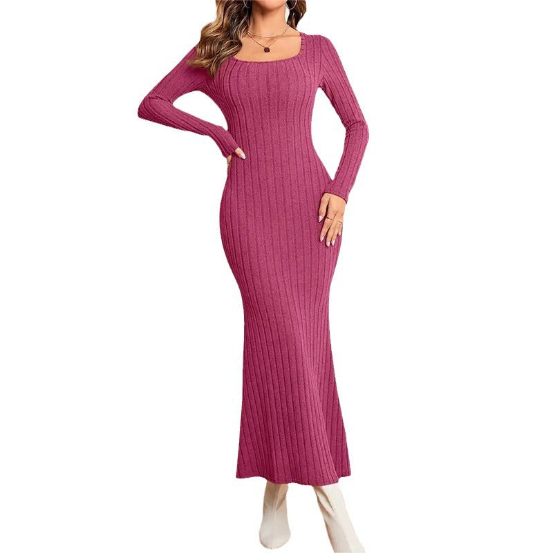 Damen Langarm Kleid mit Rippstrick und Quadrat-Ausschnitt EB