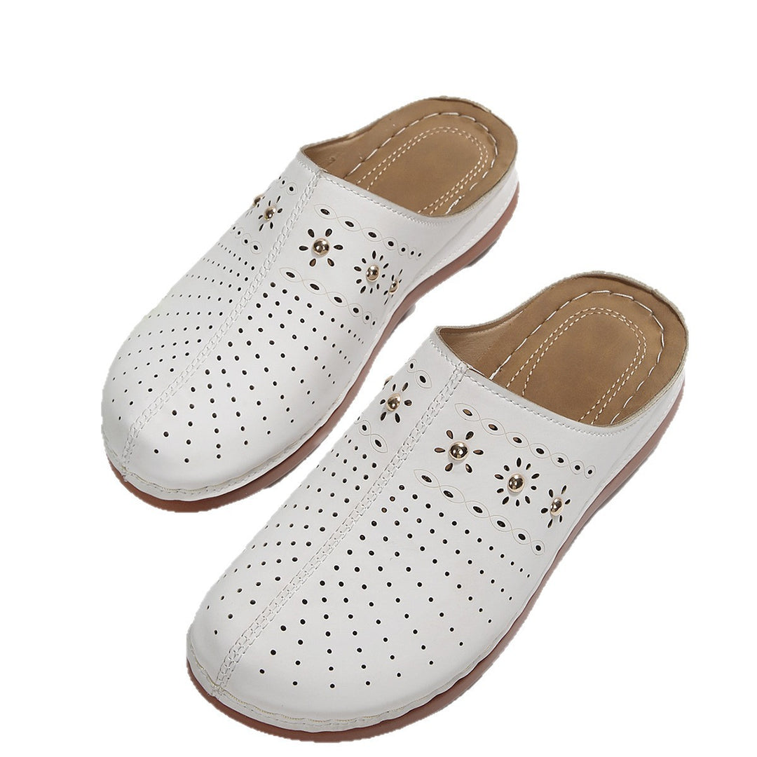 Damen  gepolsterte Mule-Pantoletten mit feiner Laserperforation, dekorativen Nieten und ergonomischer Memory-Innensohle EB