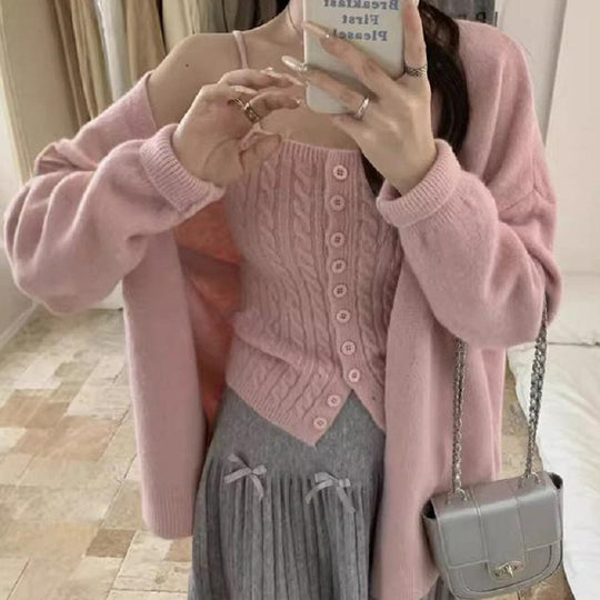 Damen Strick-Top mit Knöpfen und Cardigan EB