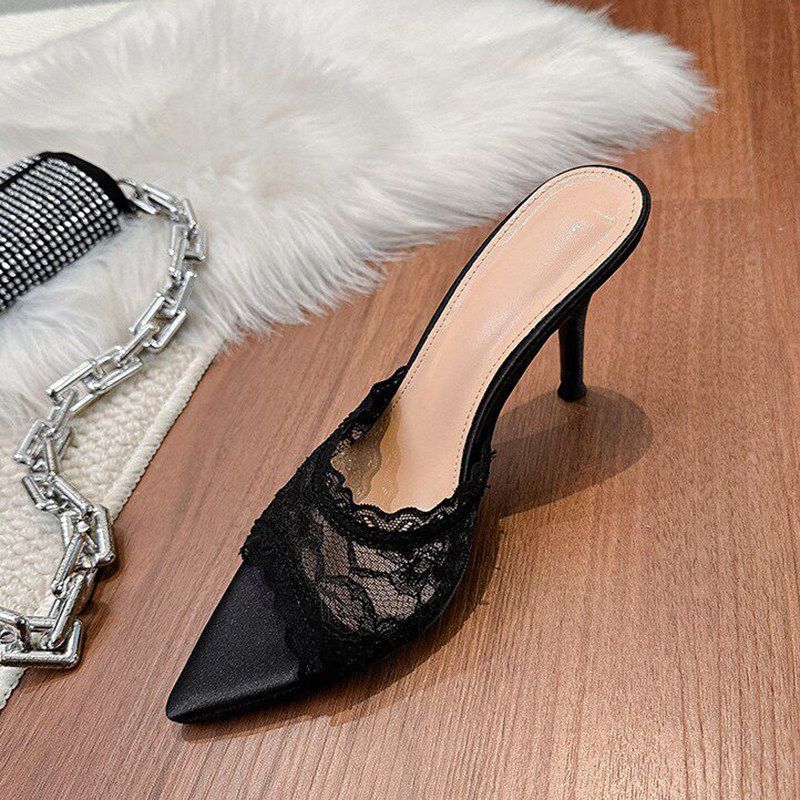 Damen elegante Mules mit Spitze und feiner Spitze EB