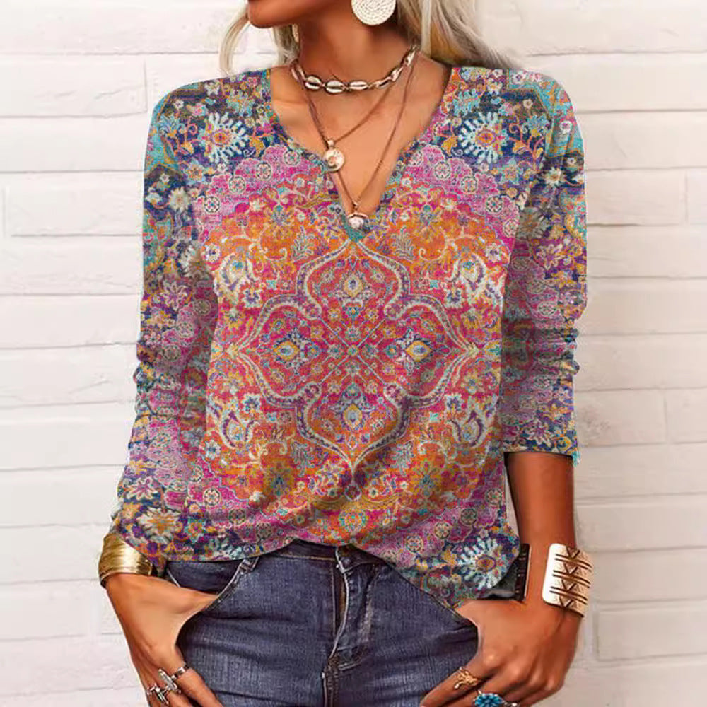 Damen Boho-Print V-Ausschnitt Tunika-Shirt EB