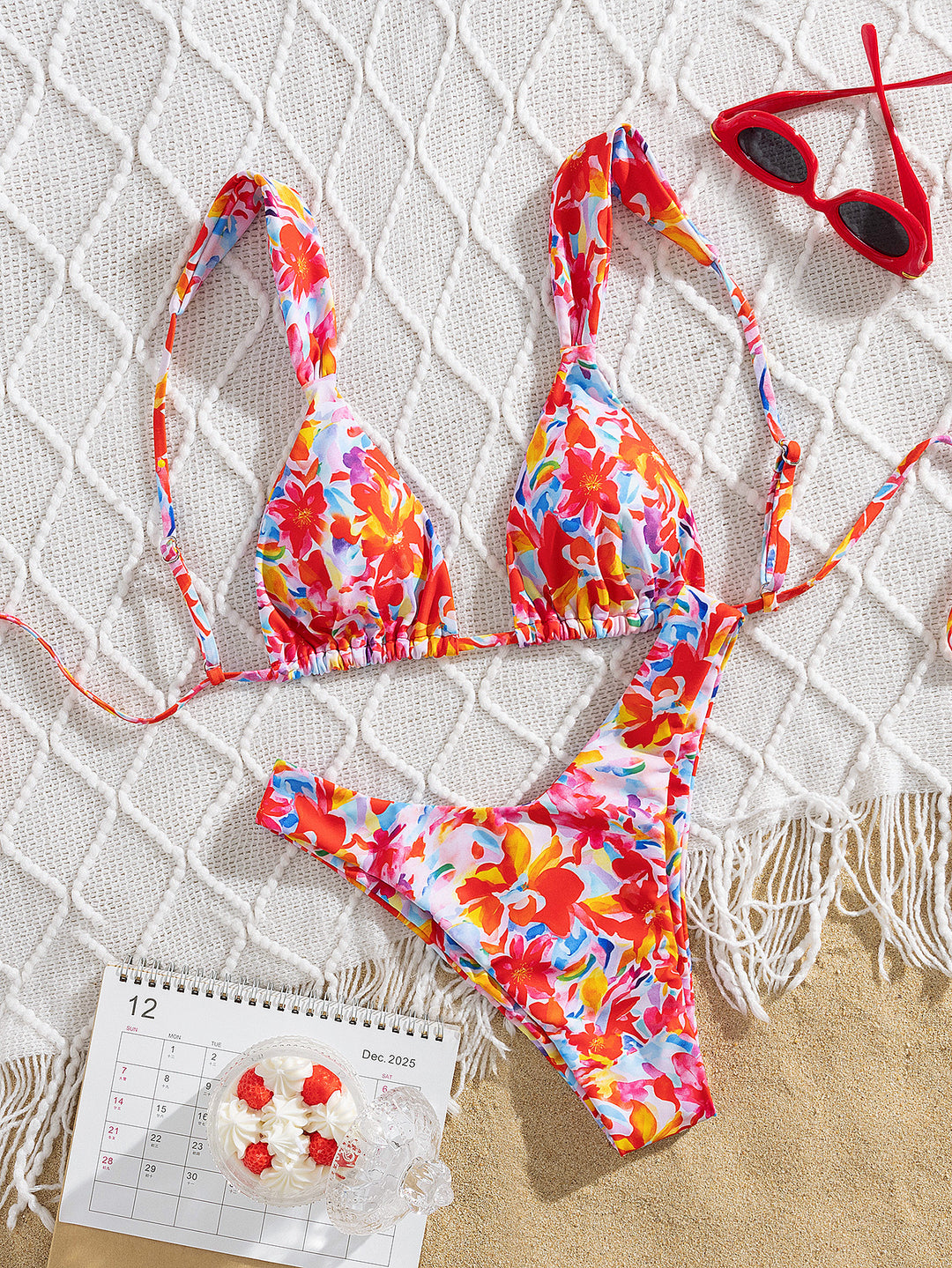 Damen Triangel-Bikini mit buntem Blumendesign und verstellbaren Trägern EB