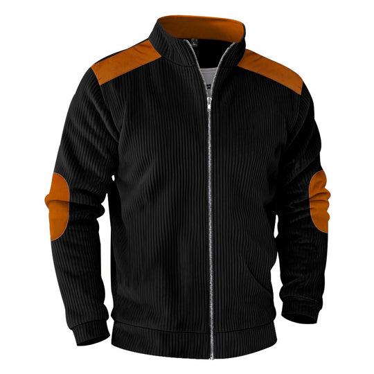 Herren nan gerippte Stehkragen-Sweatjacke mit durchgehendem Reißverschluss, Schulter- und Ellbogen-Patches EB