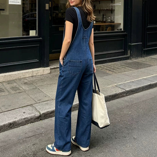 Damen nan weite Denim-Latzhose mit hoher Taille, verstellbaren Trägern und lässigem Schlag EB
