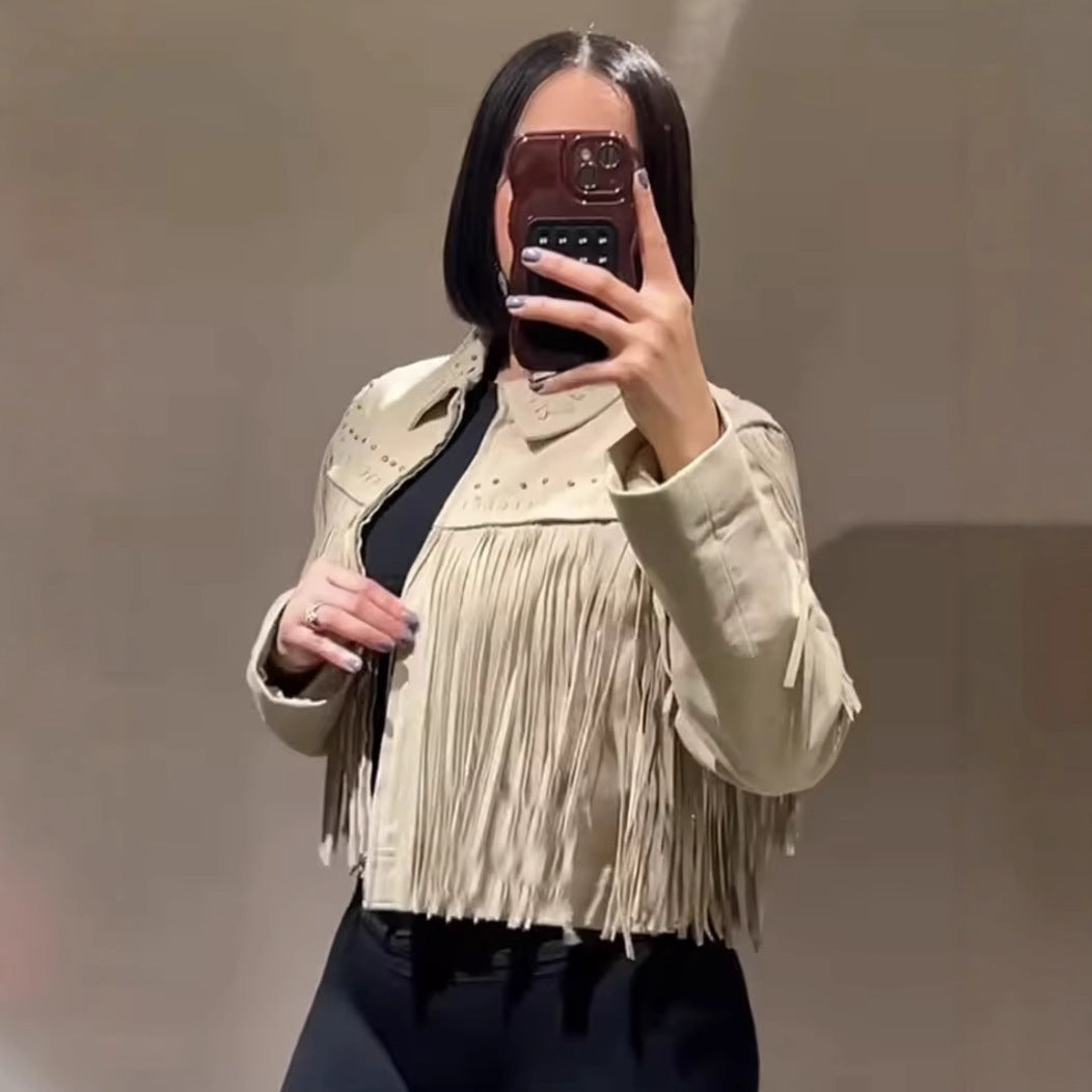 Damen modische Fransenjacke mit dekorativen Nieten EB