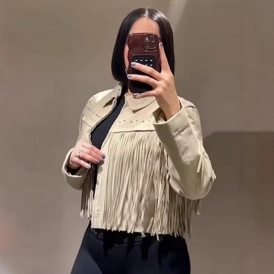 Damen modische Fransenjacke mit dekorativen Nieten EB