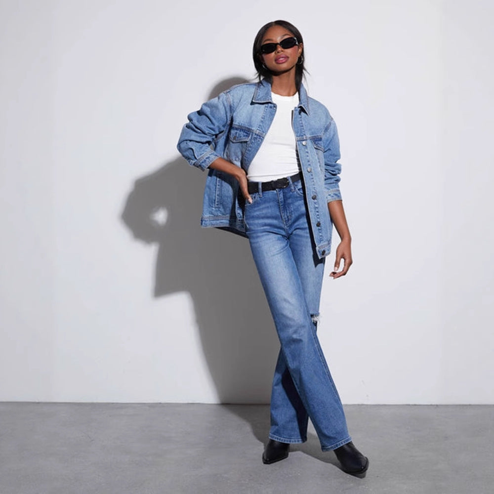Damen Oversized Denimjacke im lässigen Schnitt mit aufgesetzten Taschen EB