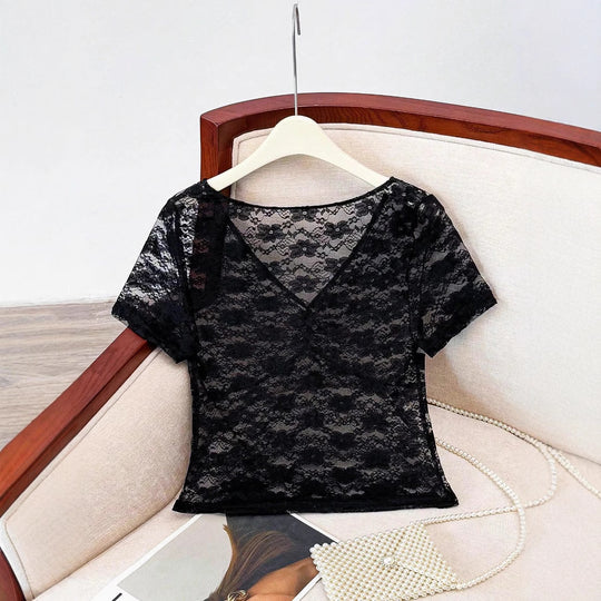 Damen Spitze Oberteil mit V-Ausschnitt und gerafftem Design EB