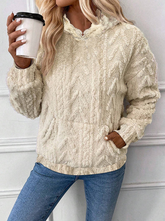 Damen nan kuscheliger Teddyfleece-Pullover mit Kängurutasche und leichtem Stehkragen EB