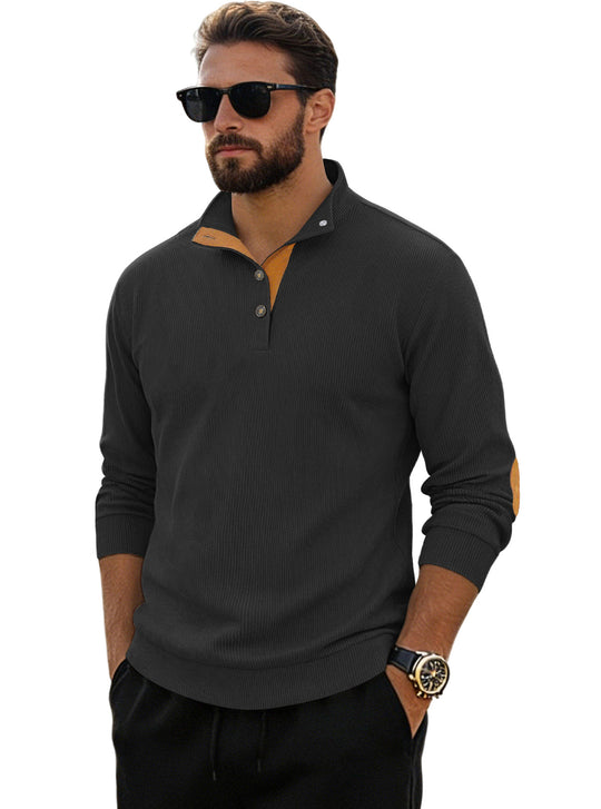 Herren nan fein gerippter Strickpullover mit Polokragen Knopfleiste und Ellenbogenbesatz EB