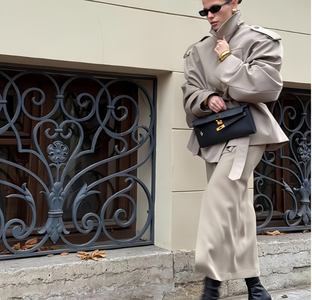 Damen Oversized Trenchcoat mit hochgeschlossenem Kragen und weiten Ärmeln EB