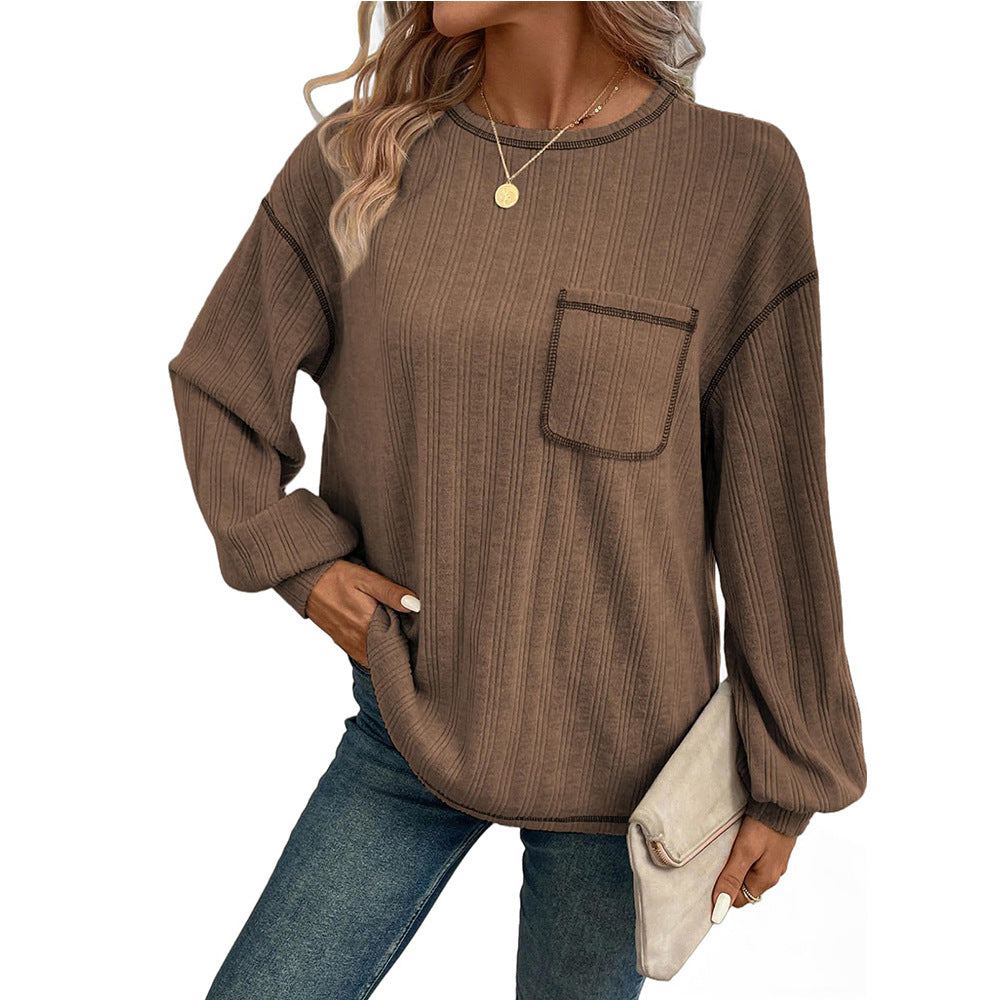Damen Bequemer Langarm-Shirt mit Rippenstruktur und Brusttasche EB