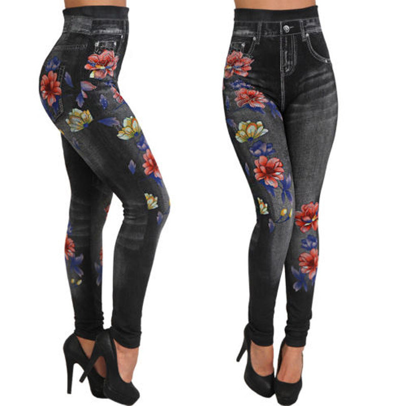 Damen Floral-Design Hochbund-Leggings aus Denim EB