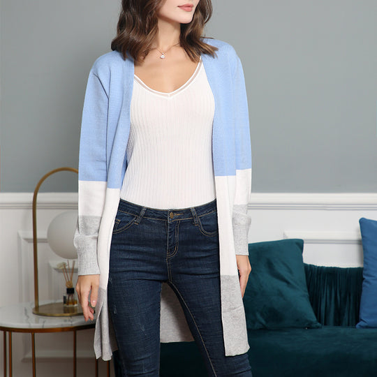 Damen lässige Strickjacke mit modernem Blockstreifenmuster und offenen Fronten EB