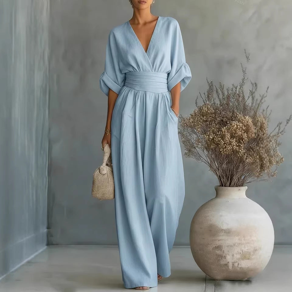 Damen Maxikleid mit V-Ausschnitt und Puffärmeln EB