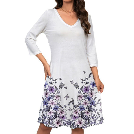 Damen V-Ausschnitt Sommerkleid mit floralem Aquarell-Design und ¾-Ärmeln EB