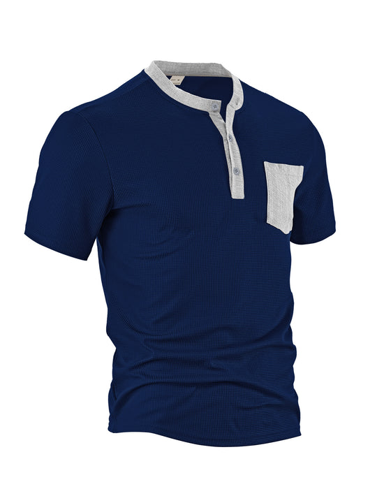 Herren nan atmungsaktives Waffel-Henleyshirt mit Stehkragen kurzer Knopfleiste und aufgesetzter Brusttasche EB