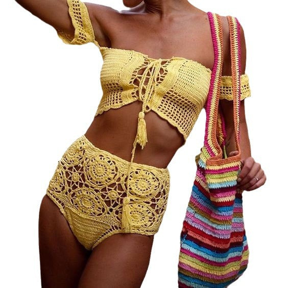 Damen Häkel-Bikini-Set mit dekorativen Fransen und trendigem Oberteil EB