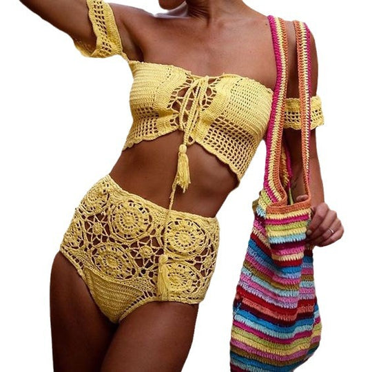 Damen Häkel-Bikini-Set mit dekorativen Fransen und trendigem Oberteil EB