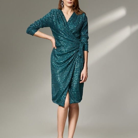 Damen Glamouröses Pailletten-Kleid mit Wickeloptik und langen Ärmeln EB
