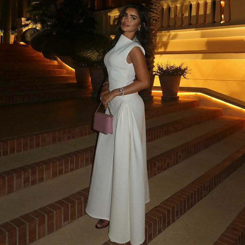 Damen Maxi-Abendkleid mit elegantem Stehkragen und schwingendem Rock EB