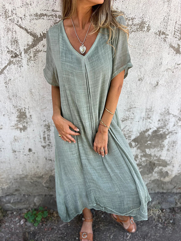 Damen Luftiges Leinenmaxikleid mit V-Ausschnitt und weit schwingendem Saum EB