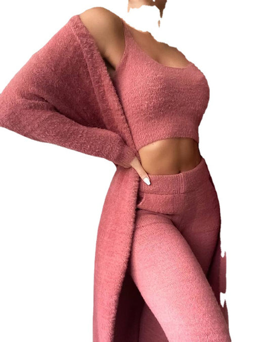 Damen gemütliches Lounge-Set aus feinem Fleece mit offenem Cardigan und Crop-Top EB