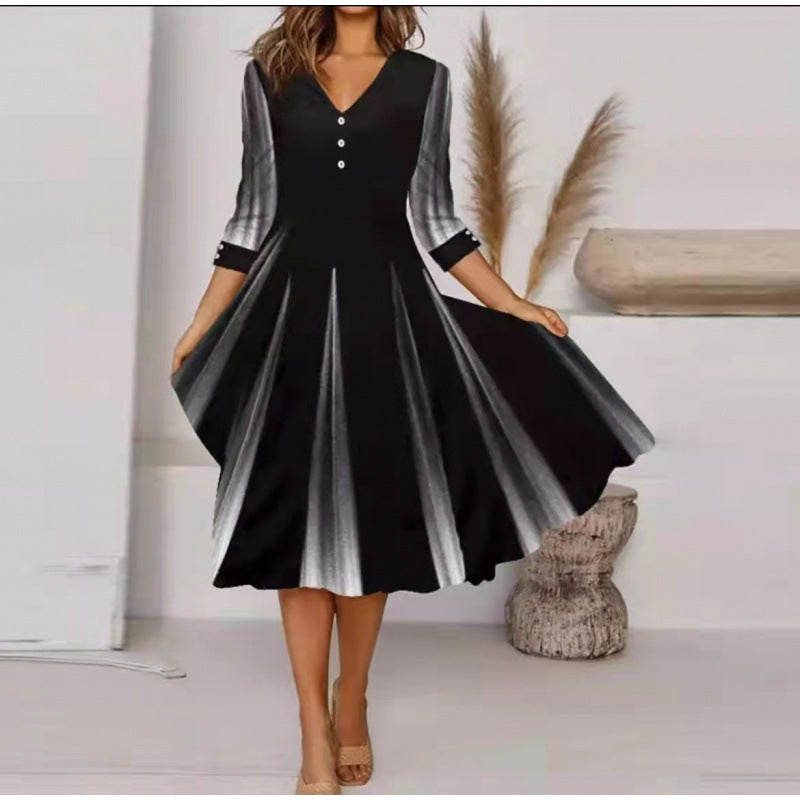 Damen V-Ausschnitt Midi-Kleid mit fließendem Rock und floralem Ärmeldesign EB