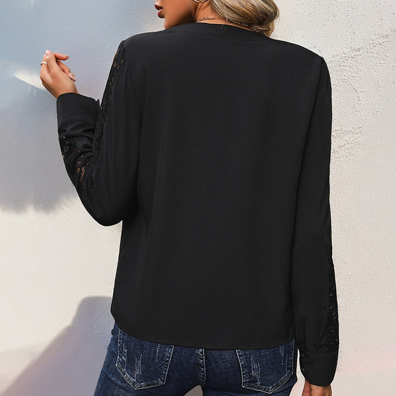 Damen Elegante Chiffonbluse mit Stehkragen, V-Ausschnitt und Spitzenbesatz an Ärmeln EB