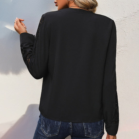 Damen Elegante Chiffonbluse mit Stehkragen, V-Ausschnitt und Spitzenbesatz an Ärmeln EB