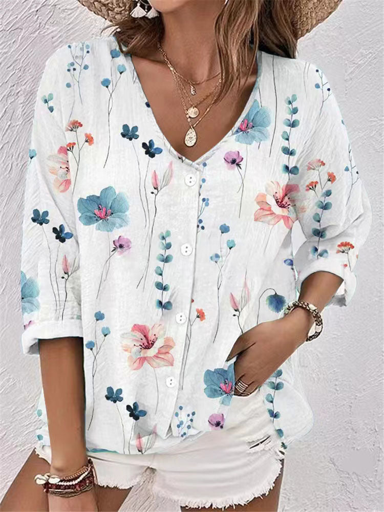 Damen lässige Bluse mit floralem Design und modernen Knopfdetails EB