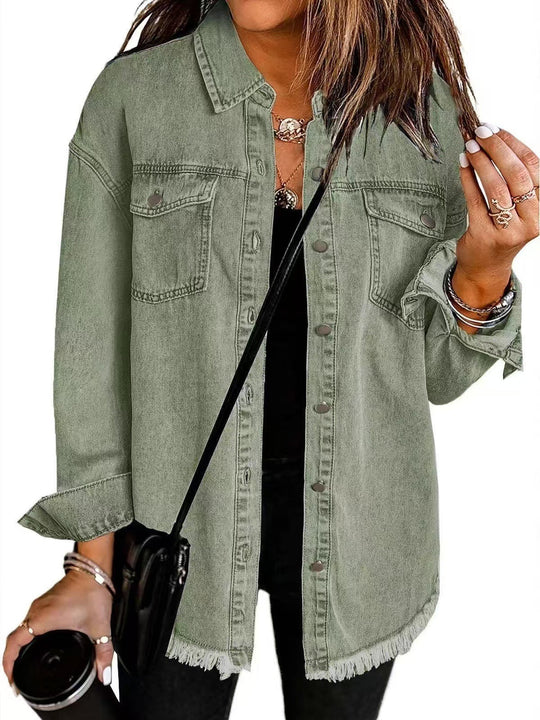Damen Oversized Jeanshemd mit Fransen EB