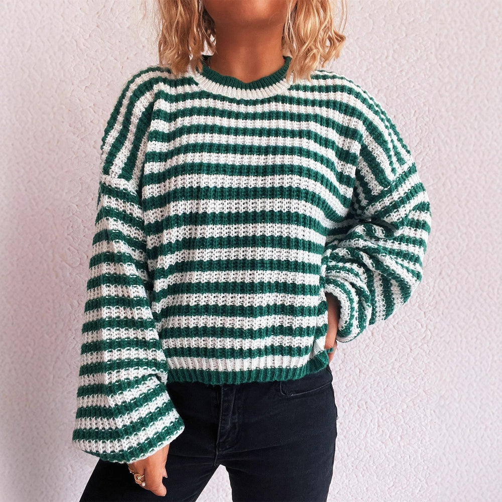 Damen lässiger Strickpullover mit breiten Streifen EB