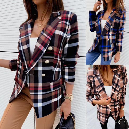 Damen Karierter Blazer mit doppelter Knopfleiste und schickem Schnitt EB