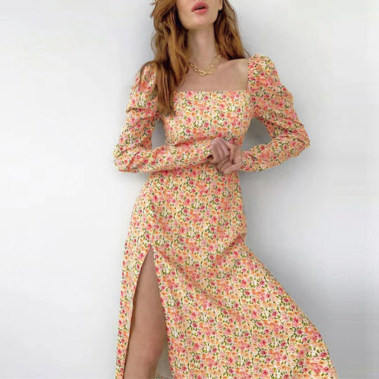 Damen Blütendes Maxikleid mit asymmetrischem Schlitz und Puffärmeln EB