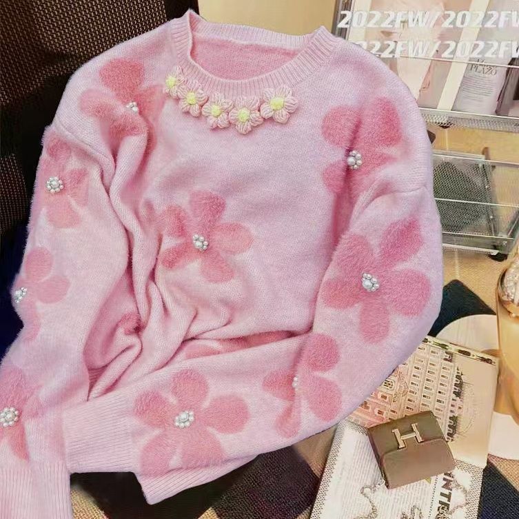 Damen Pullover mit floralem Design und Perlenapplikationen EB