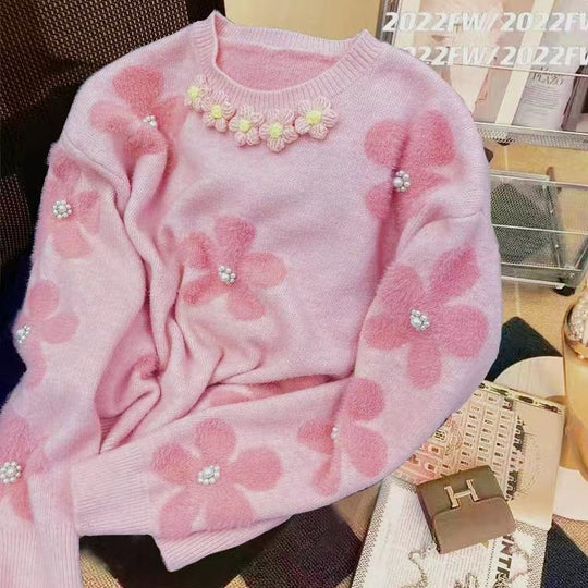 Damen Pullover mit floralem Design und Perlenapplikationen EB