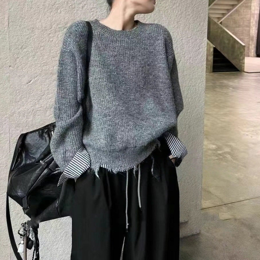 Damen Grob gestrickter Pullover mit einzigartigen Kontrastarmabschlüssen und lässigem Schnitt EB
