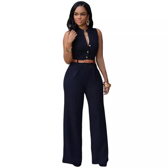 Damen Eleganter Jumpsuit mit Gürtel und Knopfdetail EB