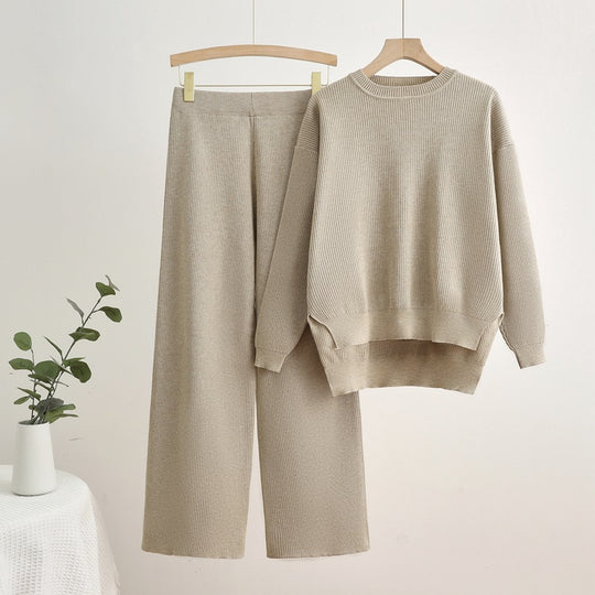 Damen komfortables Strick-Lounge-Set mit überschnittenen Schultern EB
