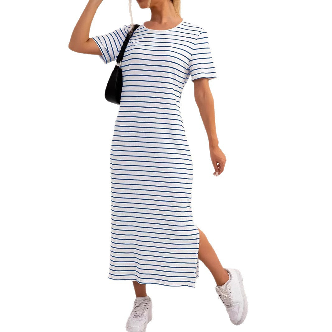 Damen Maxikleid mit seitlichen Schlitzen und gestreiftem Design EB