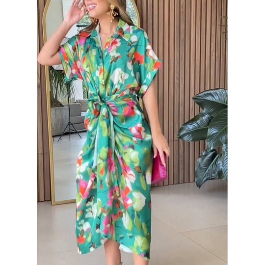 Damen luftiger Kaftan mit floralem Design und dekorativem Knoten EB