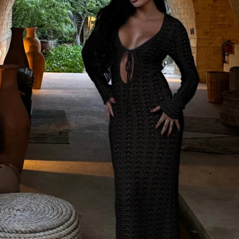 Damen luftiges Häkel-Strandkleid mit V-Ausschnitt und Schnüroptik EB