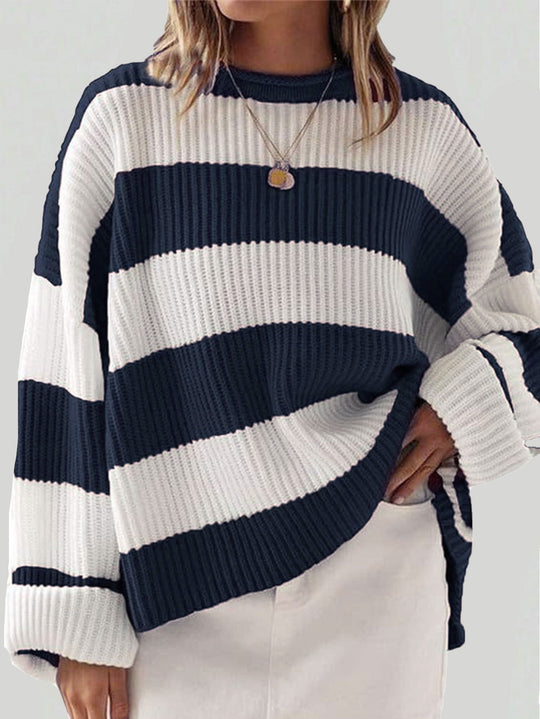 Damen gestreifter Strickpullover mit weitem Schnitt EB