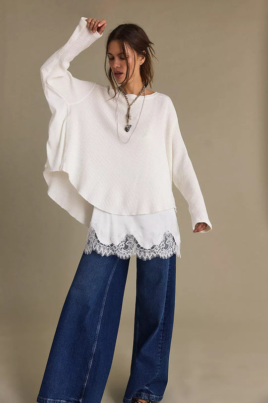 Damen Oversized Waffelstrick-Pullover mit weitem Schnitt und tiefem Raglan EB