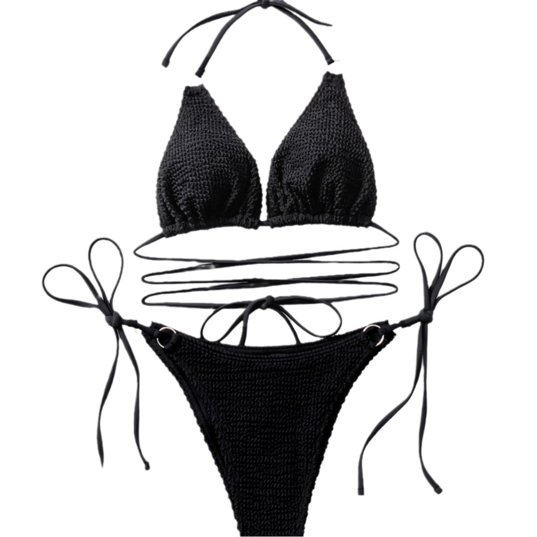 Damen Triangel-Bikini mit trendy Wickel-Design und einzigartigem Strickmuster EB