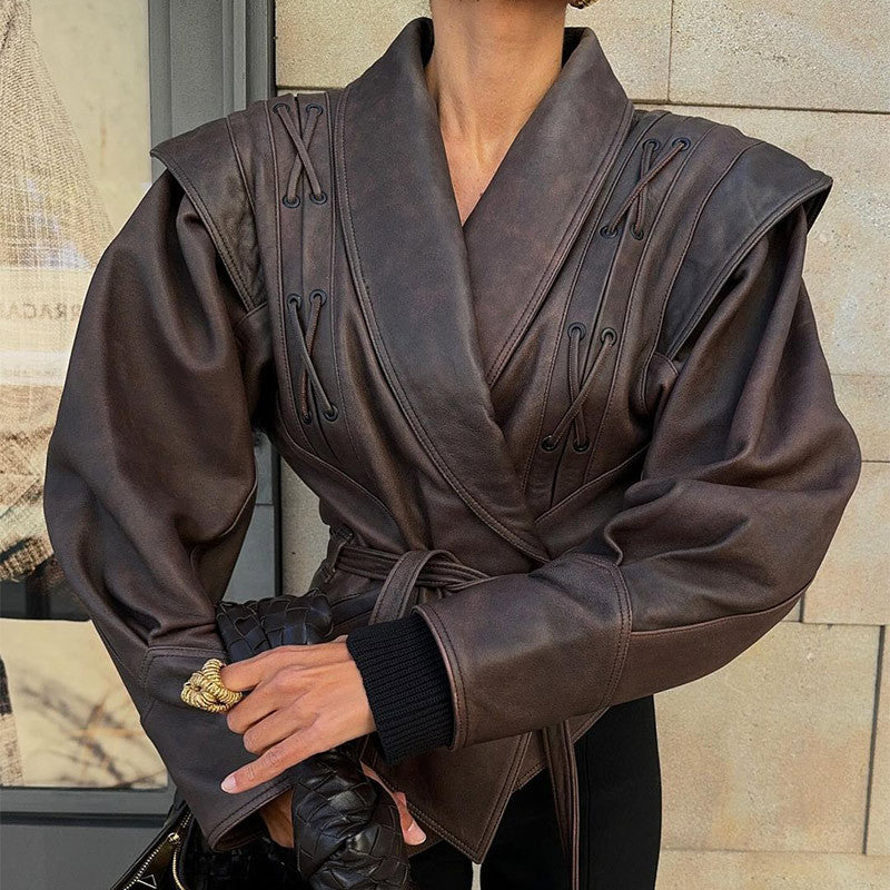 Damen Modische Bikerjacke mitTaillengürtel und dekorativen Nähten EB