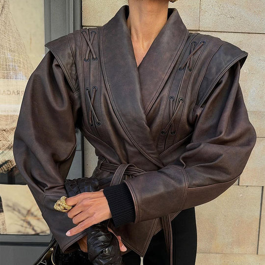 Damen Modische Bikerjacke mitTaillengürtel und dekorativen Nähten EB