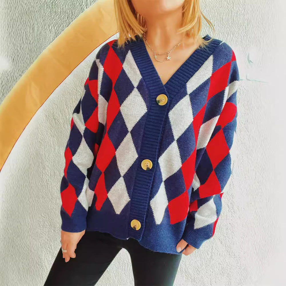 Damen lässige Strickjacke im Rauten-Muster mit goldenen Knöpfen EB